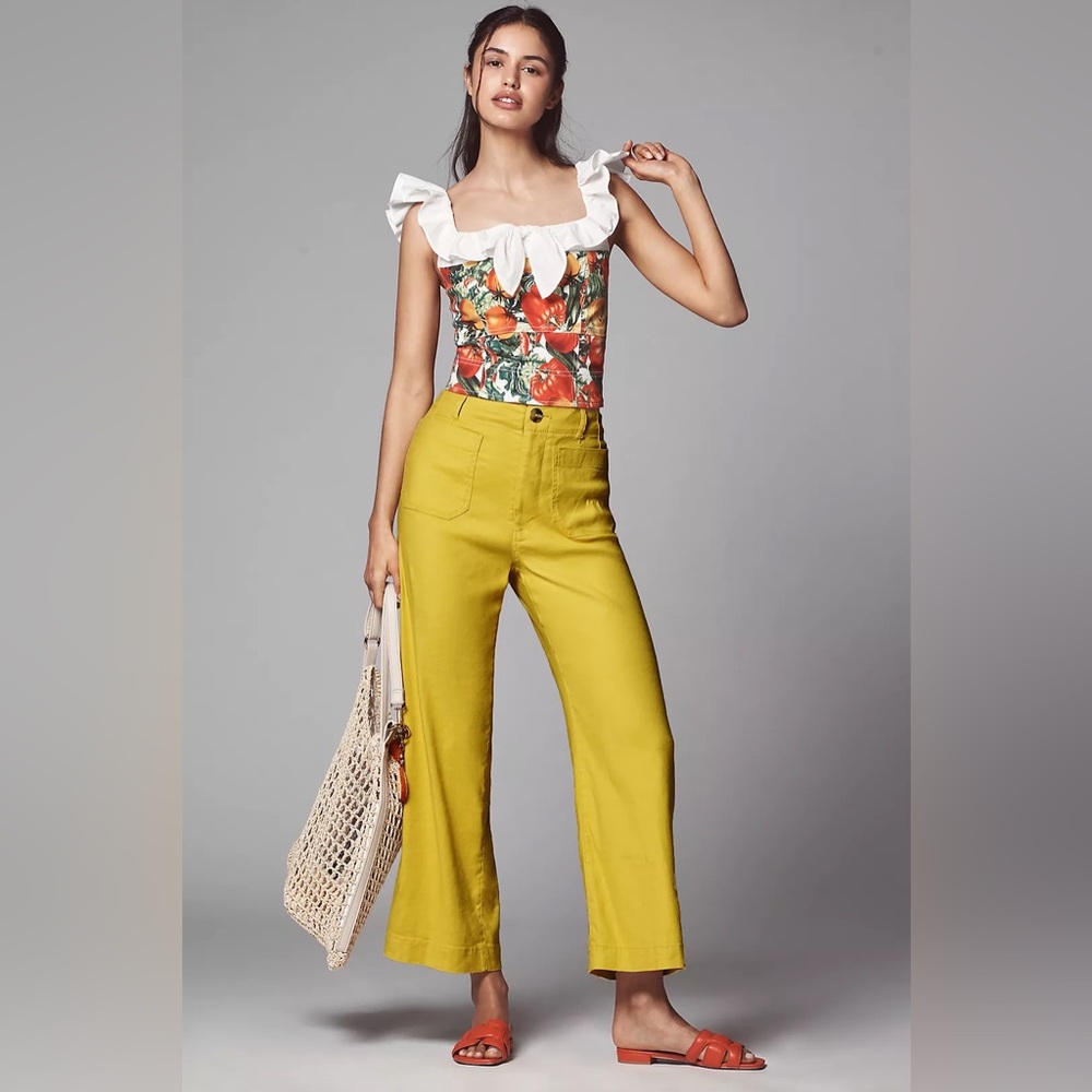 Anthropologie Maeve Chartreuse yellow Colette wide leg crop pant